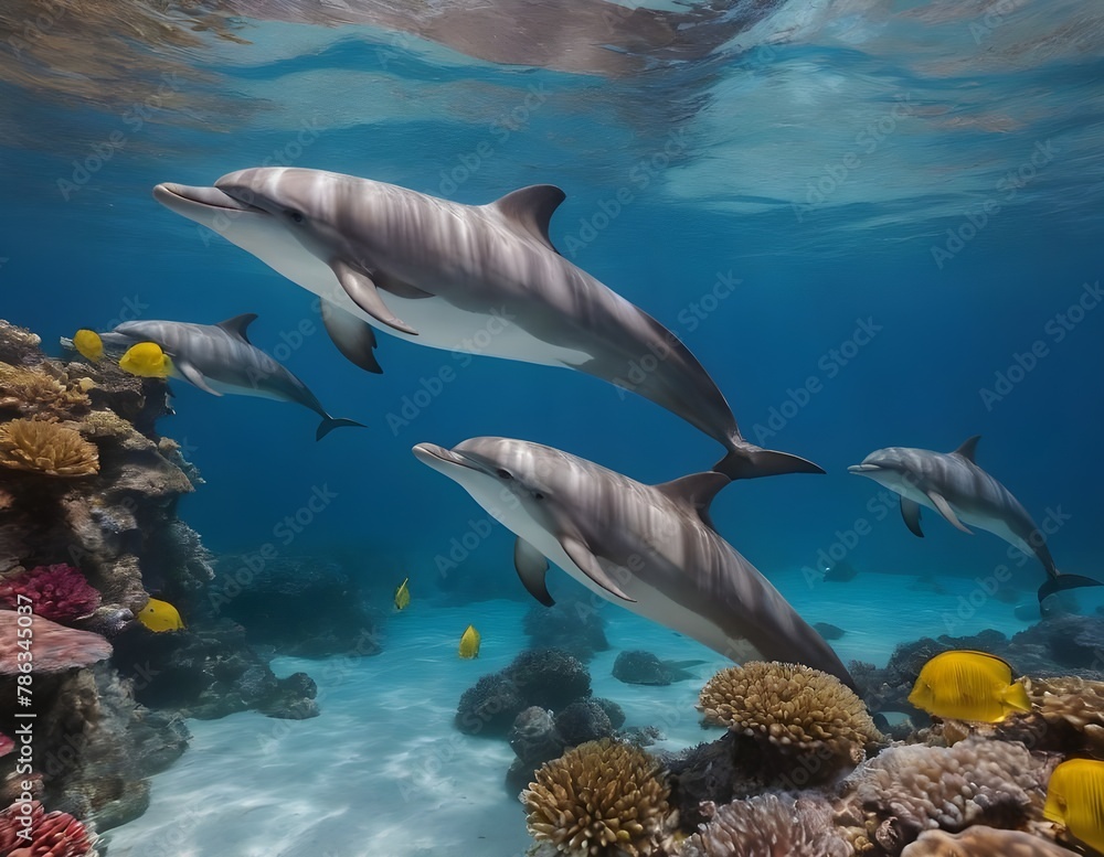 Fototapeta premium Graceful Dolphins Gliding Through a Vibrant Coral Reef Under the Clear Blue Sea