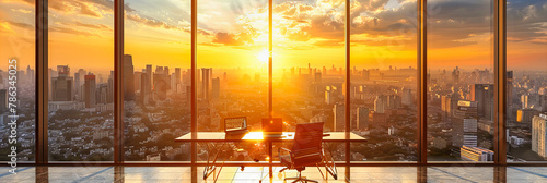 Modern Office with Cityscape Views at Sunset, Featuring Sleek Design and an Open, Airy Atmosphere