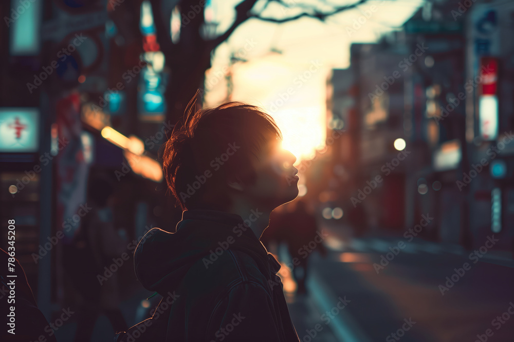 The sun sets behind a person in the city, creating a sense of mystery and contemplation