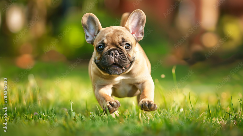 Cute french bulldog dog running in the grass