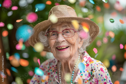 Attractive bright elderly woman in an elegant hat celebrating her centenary