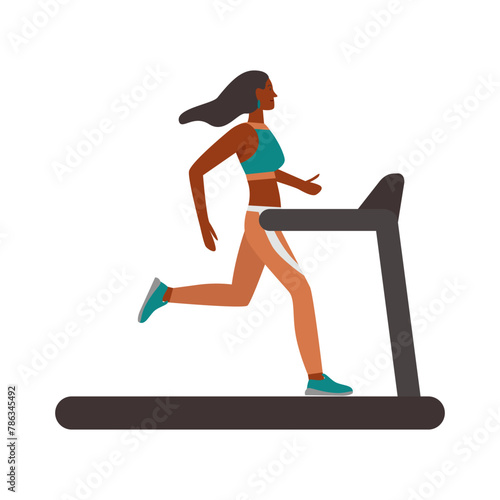 Girl running on treadmill. Girl with sport equipment, fitness gym accessories flat vector illustration