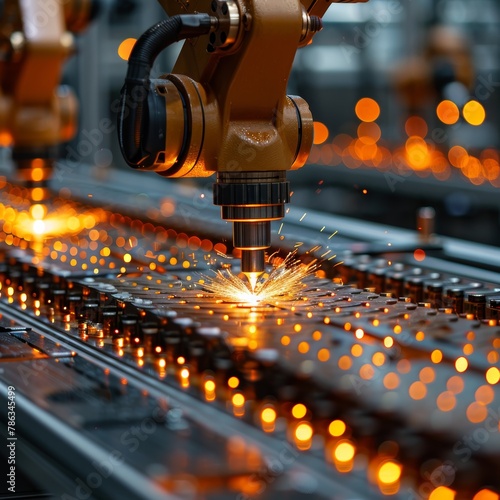 A robotic arm is welding a metal part in a factory.