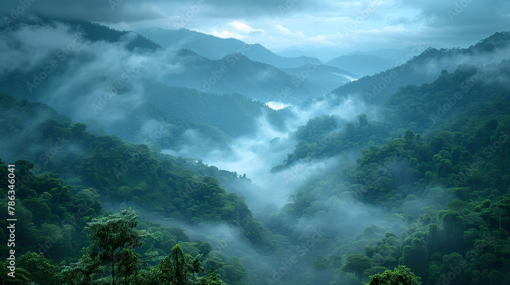 Misty mountains with lush green forests under a cloudy sky, creating a serene and mysterious landscape.