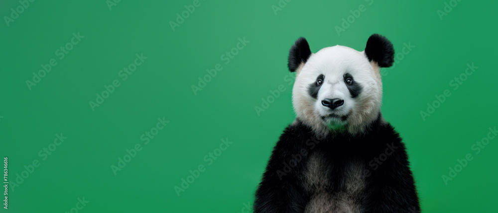 The image showcases a panda seeming to showcase curiosity or confusion with its adorable head tilt against a lively green screen The image showcases a panda seeming to showcase curiosity or confusion with its adorable head tilt against a lively green screen