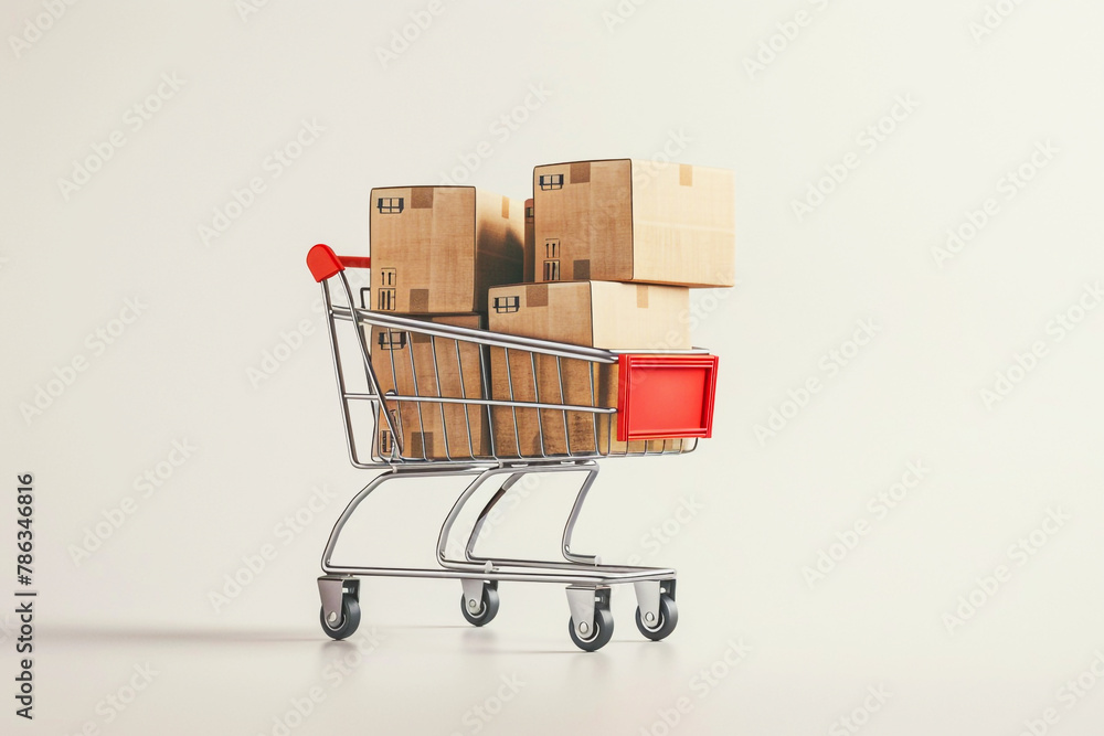 Shopping cart with cardboard boxes inside it on a white background. Supermarket trolly with cardboard boxes. Generative AI. 