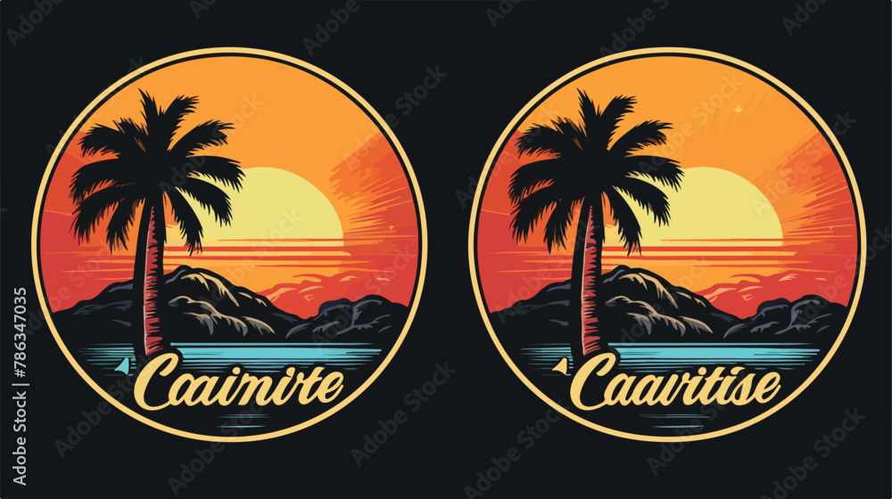 Retro vintage California sunset logo badges on black background