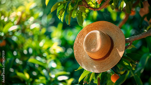 Charming Straw Hat Adorned on Lush Tree Branch. Natural Beauty, Summer Style, Outdoor Adventure.
