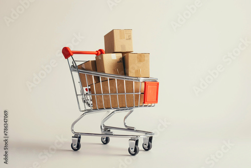 Shopping cart with cardboard boxes inside it on a white background. Supermarket trolly with cardboard boxes. Generative AI. 