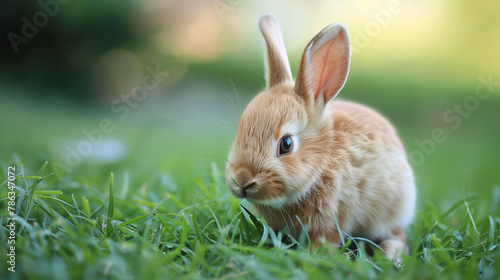 Cute little rabbit on grass. Adorable pet