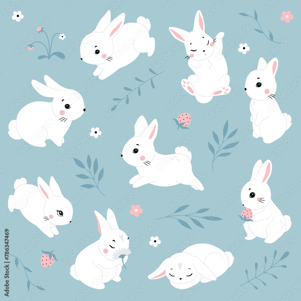 Naklejka premium Cute cartoon rabbits. Funny white hares, Easter bunnies. Standing, sitting, running, jumping, sleeping pose. Set of flat cartoon vector illustrations isolated on background. White Easter bunny rabbits