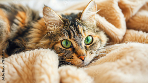 Cute pet. Cat with green eyes lying on soft blanket 