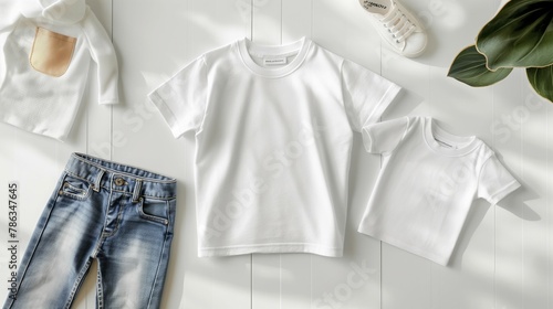 Infants, children's t-shirt mockup, summer white short-sleeved t-shirt © woojooo
