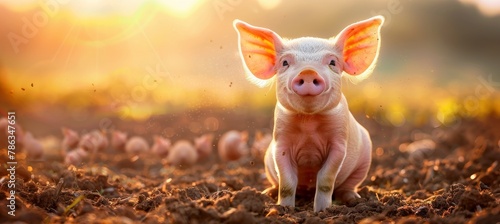 Adorable tiny piglet in a picturesque rural farmyard scene, cute farm animal in natural setting photo