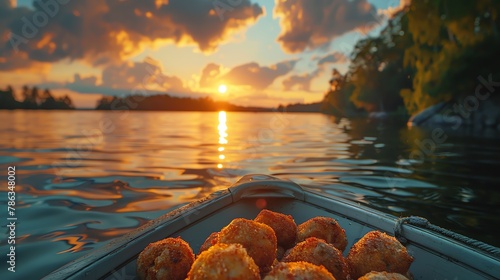 A photo of floating Swedish meatballs, with a midsummer sunset over a serene Swedish lake as the background photo