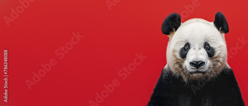 A captivating portrait of a panda against a stark red backdrop, highlighting the contrast and simplicity of the image
