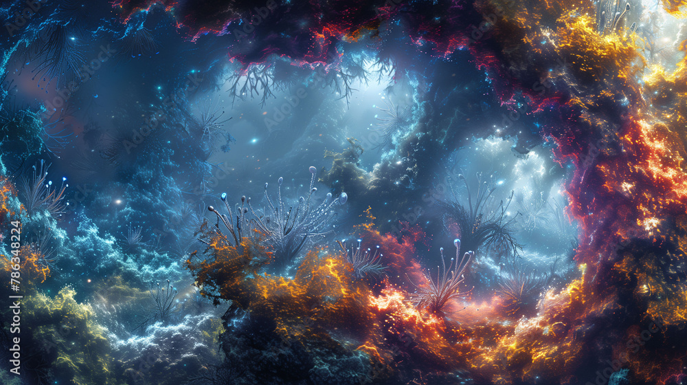 Vibrant cosmic scene with colorful nebulae and star clusters, resembling an underwater coral reef in space.