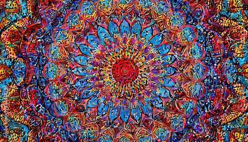 close up of colorful fabric  Mandala art with dot patterns in warm and cool colors  ideal for peace and creativity through art therapy. Serene mandala design blending red and blue  perfect for meditat