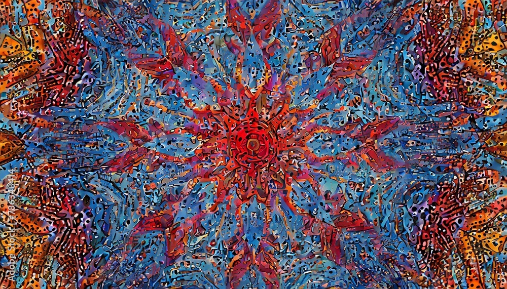 close up of colorful fabric, Mandala art with dot patterns in warm and cool colors, ideal for peace and creativity through art therapy. Serene mandala design blending red and blue, perfect for meditat - obrazy, fototapety, plakaty 