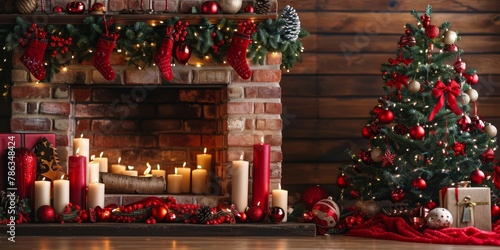 Christmas Interior of festive living room with fireplace. Christmas socks with gifts on fireplace in living room. Festive New Year magic background © megavectors