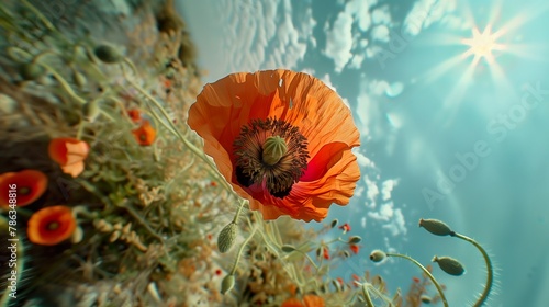Fisheye photo of poppy seeds flowers, field of blossom buds of poppy seeds, red and green colors and blue cloudy sky. Distortions of angle and view