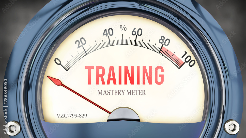 Training and Mastery Meter that hits less than zero, showing an extremely low level of training, none of it, insufficient. Minimum value, below the norm. Lack of training. ,3d illustration - obrazy, fototapety, plakaty 