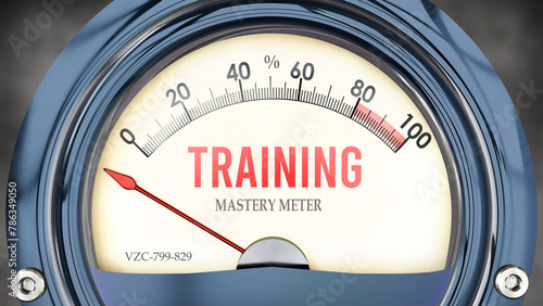 Training and Mastery Meter that hits less than zero, showing an extremely low level of training, none of it, insufficient. Minimum value, below the norm. Lack of training. ,3d illustration