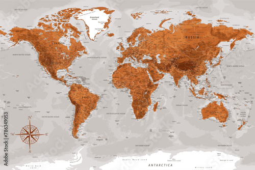 World Map - Highly Detailed Vector Map of the World. Ideally for the Print Posters. Terracotta Brown Orange Colors. With Relief and Depth