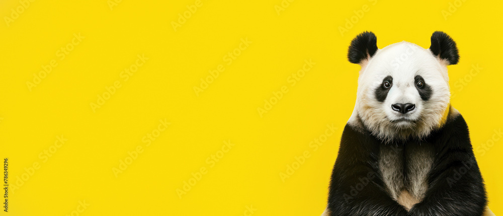 Fototapeta premium The image exhibits a playful panda set against a luminous yellow background, capturing the playful nature of these beloved animals