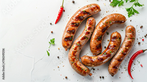 Delicious boiled sausages on white background top view