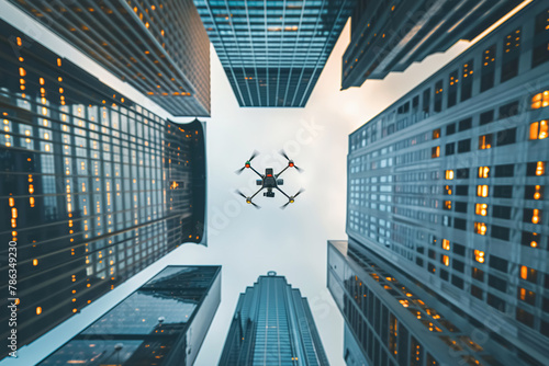 Drone flying between high-rises in a cityscape at dusk.