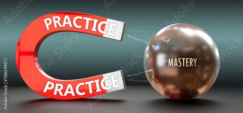 Practice attracts Mastery. A metaphor showing practice as a big magnet attracting mastery. Analogy to demonstrate the importance and strength of practice. ,3d illustration photo