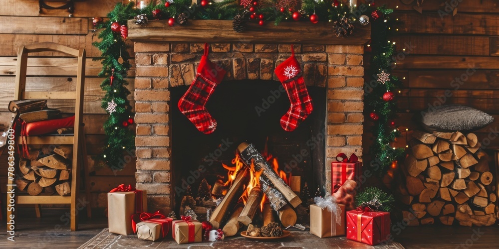 Christmas Interior of festive living room with fireplace. Christmas socks with gifts on fireplace in living room. Festive New Year magic background