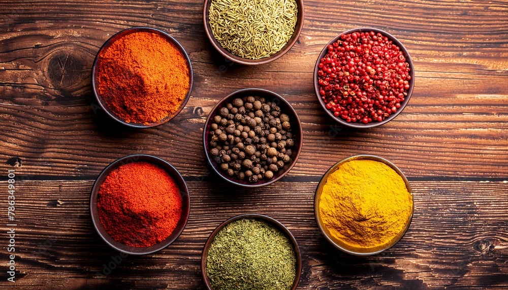 Aromatic Palette: Colorful Spices Arranged on Wooden Surface