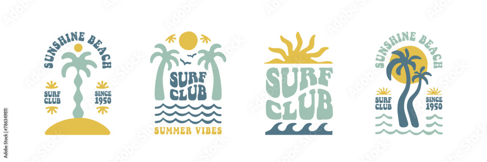 Naklejka premium Boho groovy palm tree beach sun sea. Surf club vacation and sunny summer day aesthetic. Vector illustration background in trendy retro naive simple style. Pastel yellow blue braun colors.
