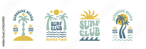 Boho groovy palm tree beach sun sea. Surf club vacation and sunny summer day aesthetic. Vector illustration background in trendy retro naive simple style. Pastel yellow blue braun colors. © Martyshova