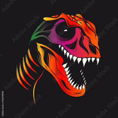 Dinosaurier Schädel Tyrannosaurus Rex Dino Kopf Fossil im Comic Stil gezeichnet schwarz und rötlichen Farben mit schwarzen Hintergrund