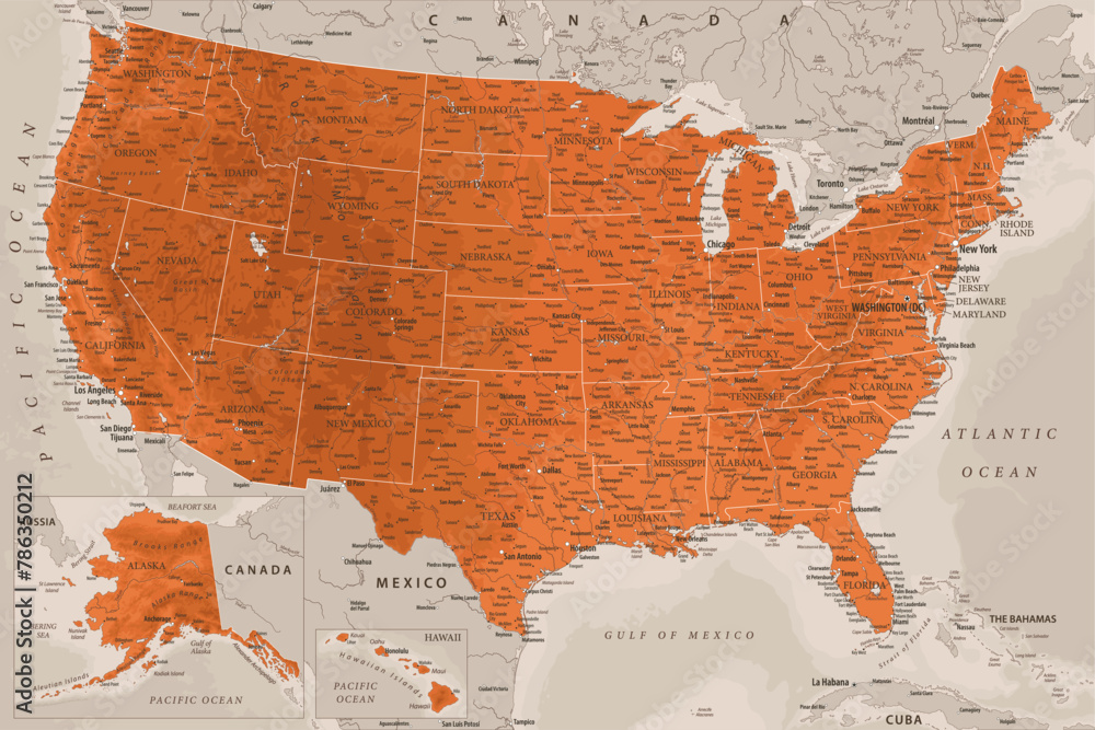 United States - Highly Detailed Vector Map of the USA. Ideally for the Print Posters. Terracotta Brown Orange Beige Colors. Relief Topographic - obrazy, fototapety, plakaty 