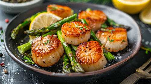Delicious fried scallops with asparagus served on table