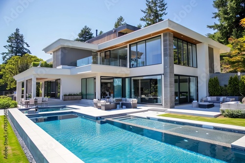 modern luxury home exterior with large swimming pool and lush landscaping on sunny day real estate photography © Lucija