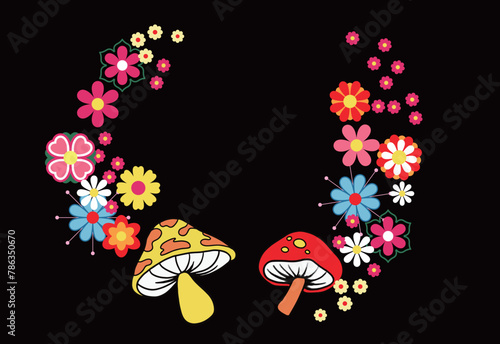 70s Retro hippie magic mushroom and flowers illustration print for graphic tee t shirt or poster - Vector