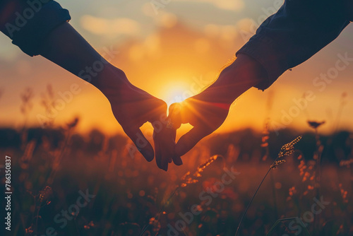 silhouette lovers hold hands together love each other forever during the sunset golden light, romantic concept #786350837