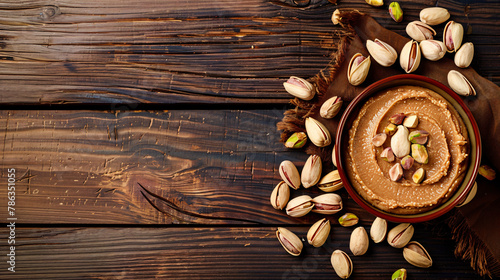 Delicious nut butter in bowl and pistachios on wooden background