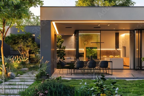 modern luxury house exterior with elegant dining space and lush garden concept illustration