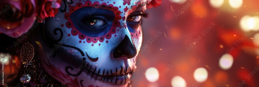 Woman with blue and red skull makeup Woman with blue and red skull makeup
