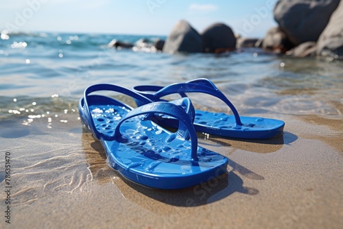 Blue sandals on sandy beach