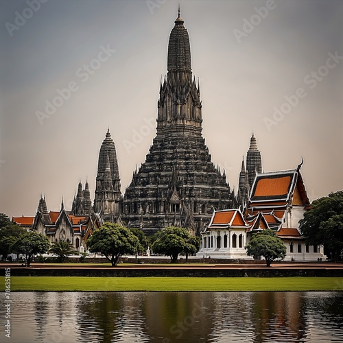 Thai temple located on the ChaoPhraya riverside with a reflection on the water. photo