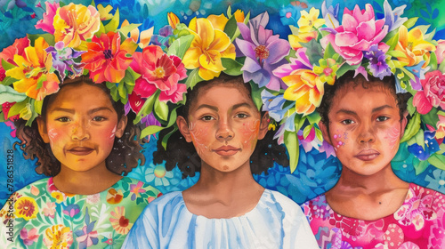 Three girls, each with flowers in their hair, are smiling and standing together in this candid portrait