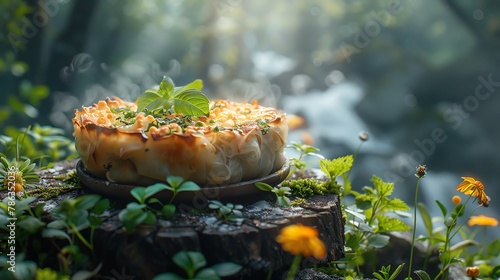 A savory Romanian sarmale dish, floating with a mystical Transylvanian forest backdrop photo