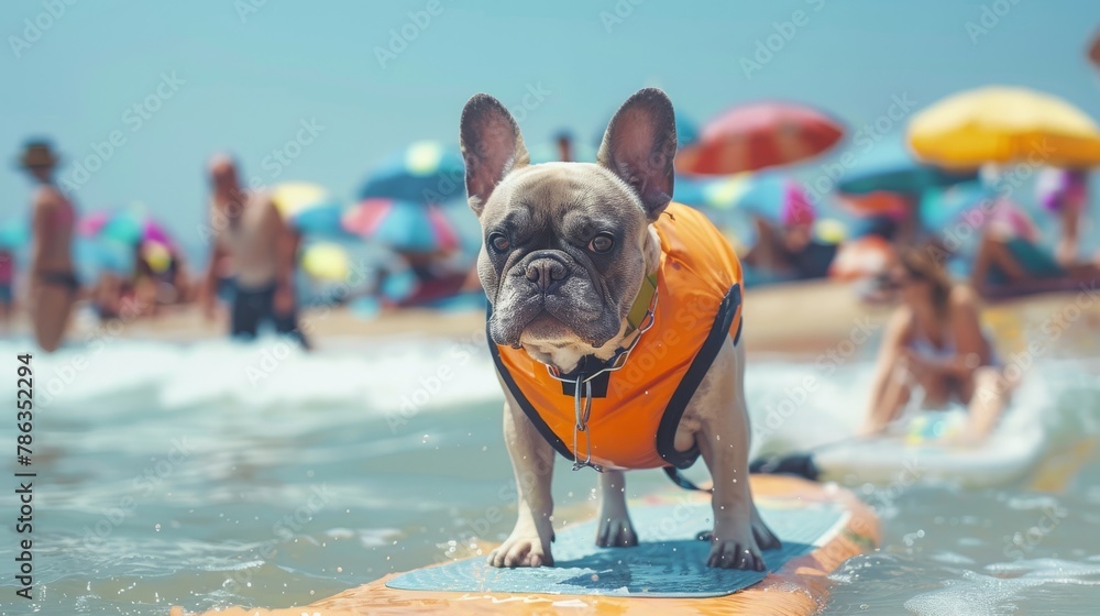 Determined french bulldog in life jacket surfing at a crowded beach - obrazy, fototapety, plakaty 
